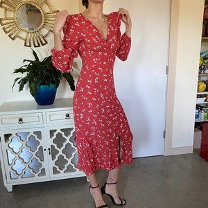 Bohemian Muted Red Floral Midi Dress